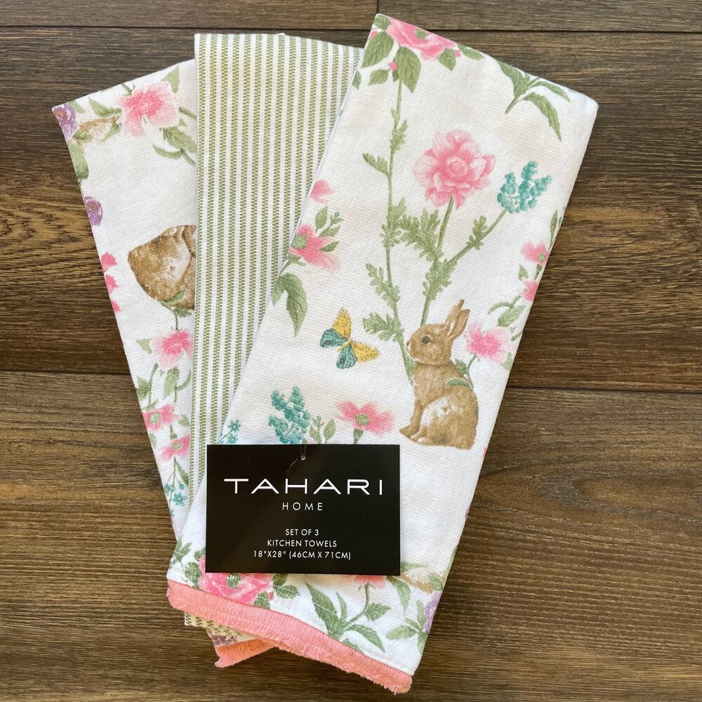 TAHARI HOME KITCHEN TOWELS 3 BUNNY RABBIT GARDEN FLOWERS YELLOW 100% COTTON NWT